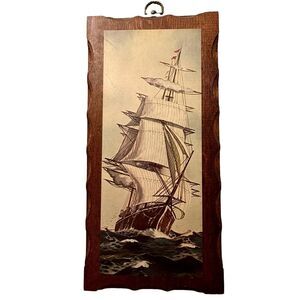 Vintage Wooden Wall Hanging Sailing Ship Art Nautical Decor Plaque Tall Ship